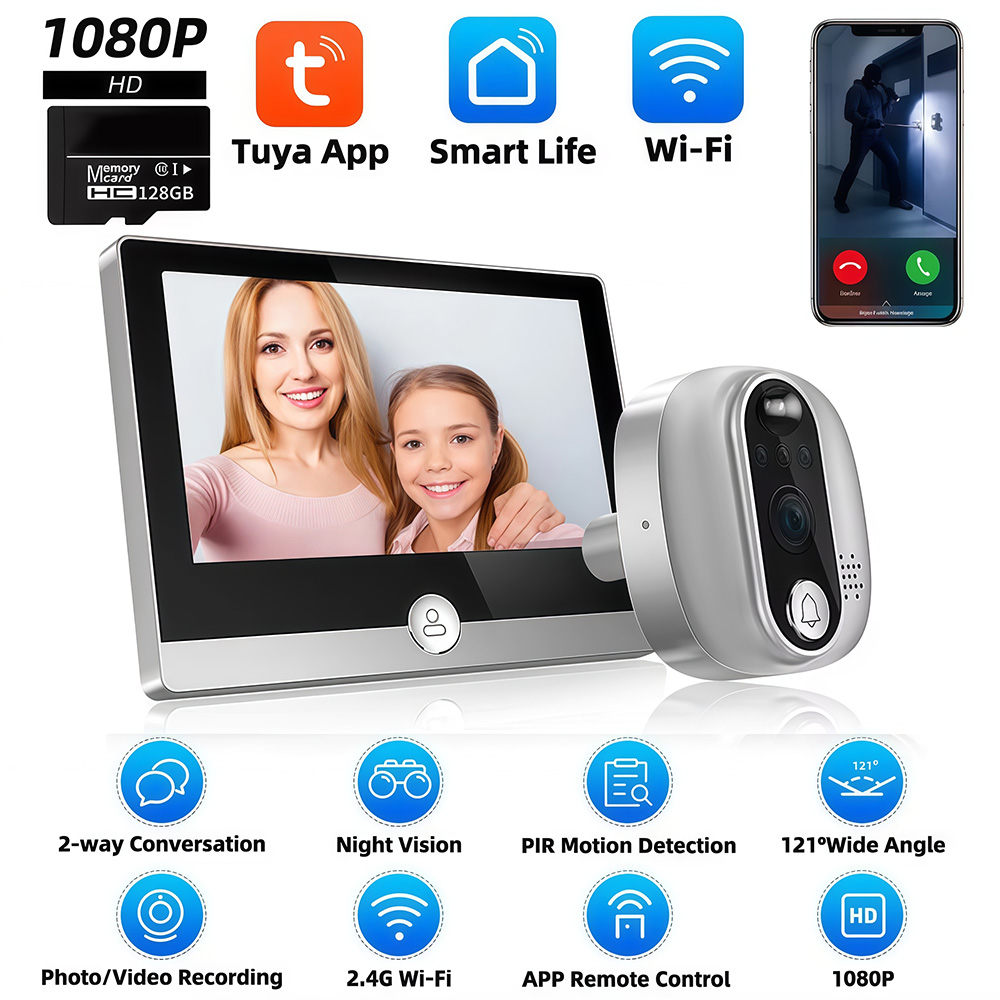 Peephole Camera Viewer - Tuya kamera bel pintu WiFi 1080P,